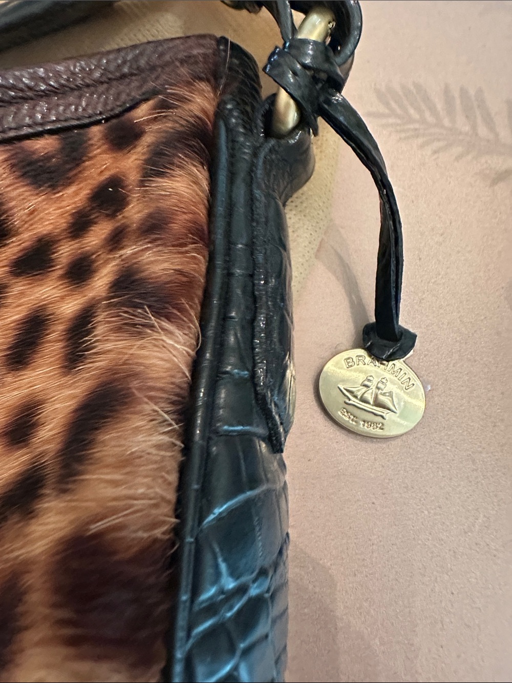 Brahmin Leopard-Print Shoulder Hobo in Brown and Black - Picture 2 of 4